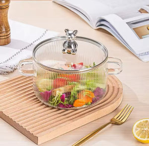 Bear Glass Cooking Pot, Large Capacity High Borosilicate Glass Clear Cooking Pot, Heat Resistant Sauce Pan
