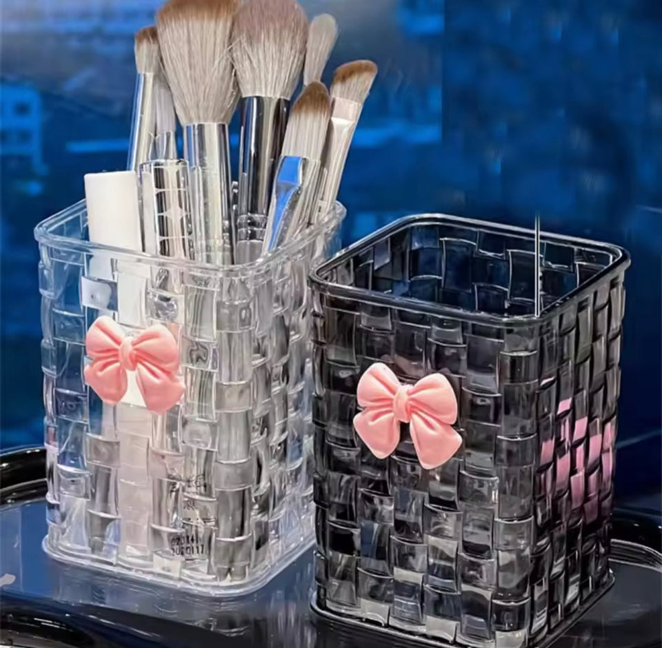 Acrylic Makeup Brush Storage Box, Rattan Weave Desk Cosmetic Organizer, Desktop Eyebrow Pencil Storage Bucket, Jewelry Cosmetic Organizer, Dressing Table Makeup Brush Organizer