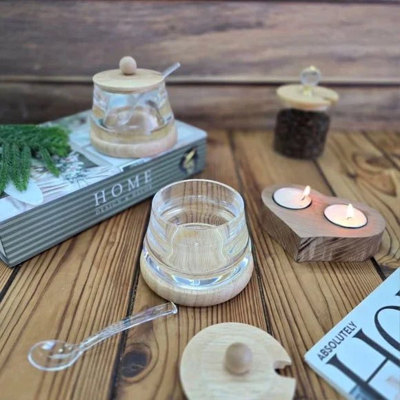 Bamboo Acrylic Sugar Pot With Spoon, Wooden Style Sugar Pot, Transparent Kitchen Bamboo Sugar Pot