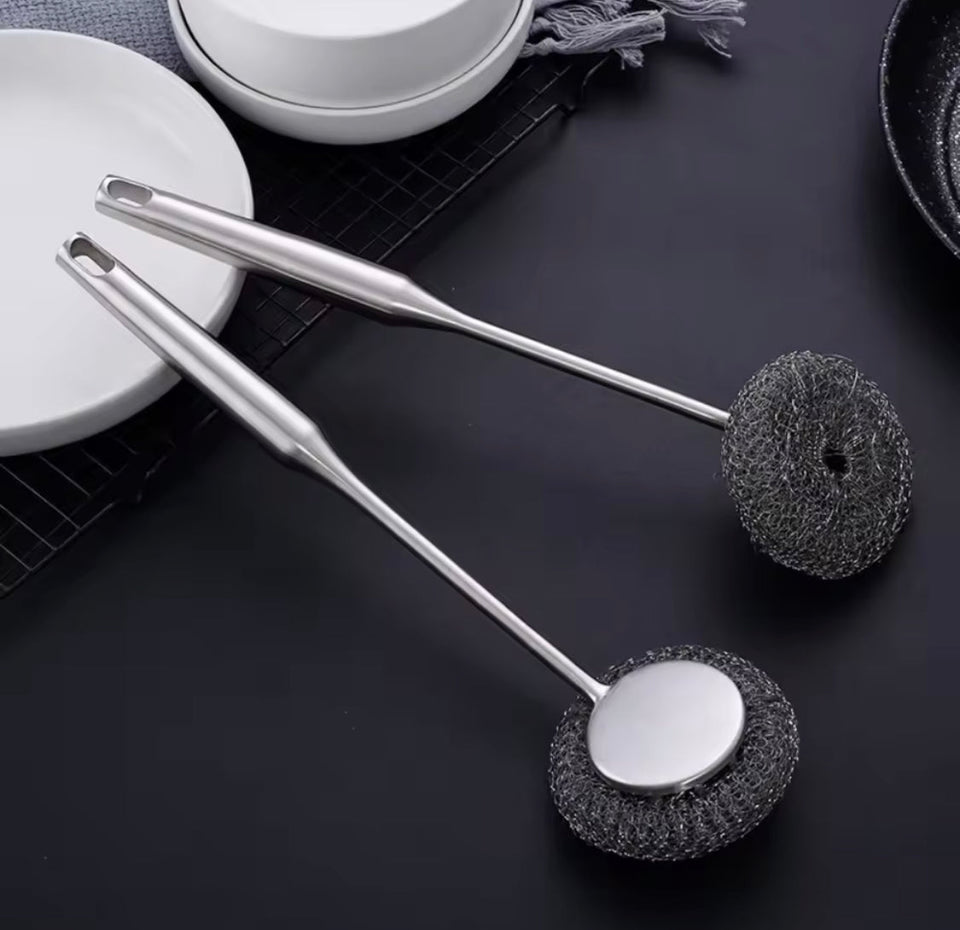 Long Handle Stainless Steel Wire Ball Brush, Strong Decontamination Sink Brush, Durable Extended Wire Dishwash Brush
