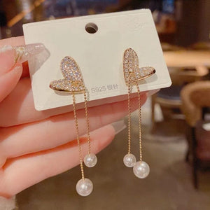 Flexible Heart Top Crystal Earrings, Hollow Heart Drop Earrings, Adjustable Pearl Tassel Ear Jewellery, Luxury Long Simulation Pearl Earrings For Women