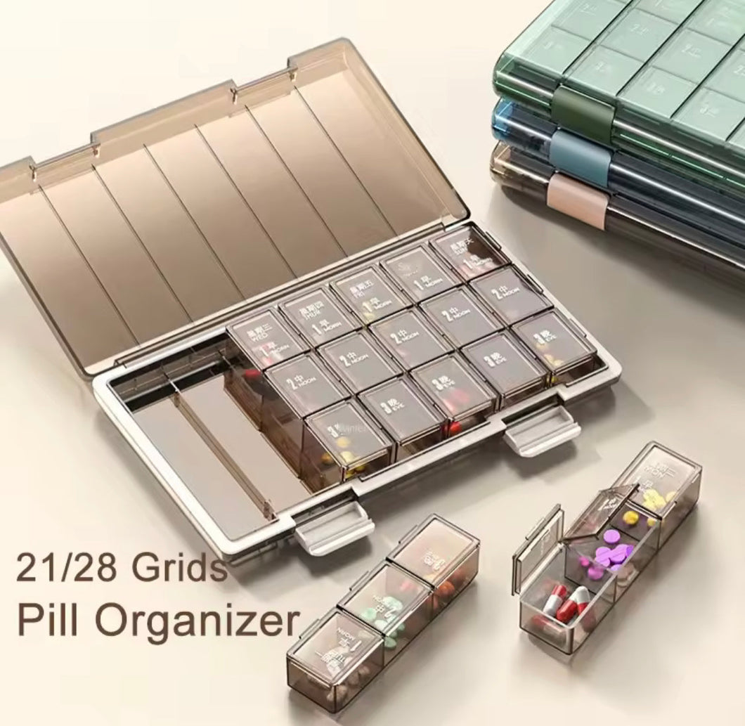 Portable 21 Grids Pill Organizer, Travel Pill Cases, Removable Medicine Container, Daily Storage Tablets Box