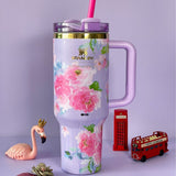 Stainless Steel Flower Design Tumbler With Lid, Vacuum Insulated Car Mug, Thermal Iced Bottle