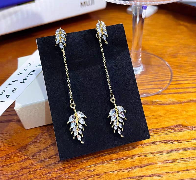 Rhinestone Leaf Decor Earring, Stood Leaf Long Tassels Earring, Pearl Tassels Earring For Women