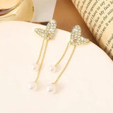 Flexible Heart Top Crystal Earrings, Hollow Heart Drop Earrings, Adjustable Pearl Tassel Ear Jewellery, Luxury Long Simulation Pearl Earrings For Women