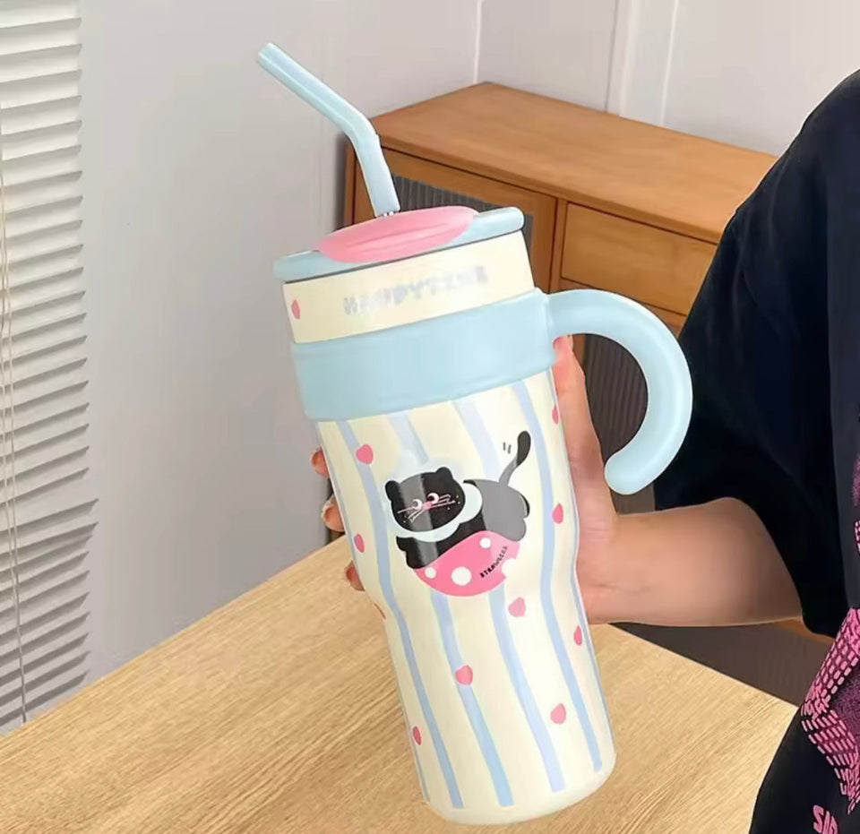 1200ml Cute Stainless Steel Tumbler With Straw, Cute Thermos Water Bottle, Outdoor Coffee Travel Mug