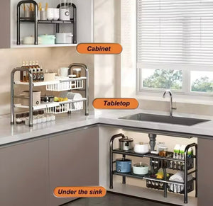 2 Tier Under Sink Organizer, Expandable Cabinet Shelf, Kitchen Under Sink Adjustable Dish Rack, Multifunctional Kitchen Organizer