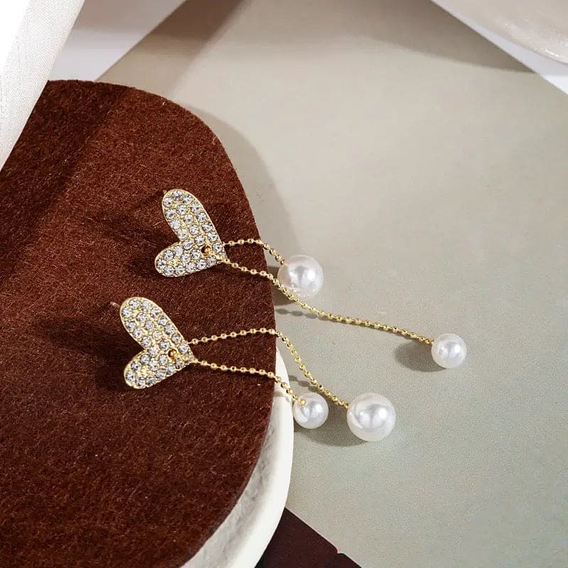 Flexible Heart Top Crystal Earrings, Hollow Heart Drop Earrings, Adjustable Pearl Tassel Ear Jewellery, Luxury Long Simulation Pearl Earrings For Women