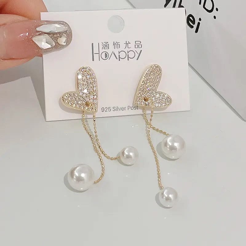 Flexible Heart Top Crystal Earrings, Hollow Heart Drop Earrings, Adjustable Pearl Tassel Ear Jewellery, Luxury Long Simulation Pearl Earrings For Women