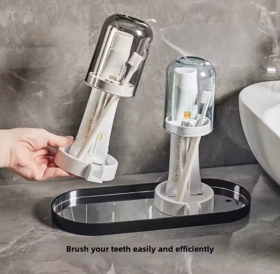 Portable Toothbrush Holder With Mouthwash Cup, Toothpaste  Storage Shelf, Toothbrush Holder With Dust Cover, Toiletries Bathroom Organizer