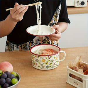 Multifunctional Seasoning Storage Bowl, Enamel Soup Cooking Pot, Flower Design Ceramic Noodle Pot With Lid