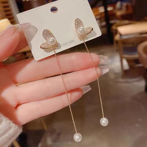 Flexible Heart Top Crystal Earrings, Hollow Heart Drop Earrings, Adjustable Pearl Tassel Ear Jewellery, Luxury Long Simulation Pearl Earrings For Women
