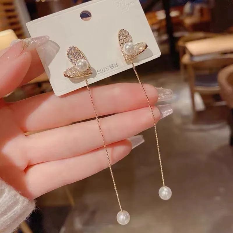 Flexible Heart Top Crystal Earrings, Hollow Heart Drop Earrings, Adjustable Pearl Tassel Ear Jewellery, Luxury Long Simulation Pearl Earrings For Women