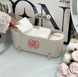 Cute Bow Knot 3 Grid Makeup Organizer, Vanity Mini Cosmetic Organizer, Storage Box For Swabs And Cotton Pad With Lid