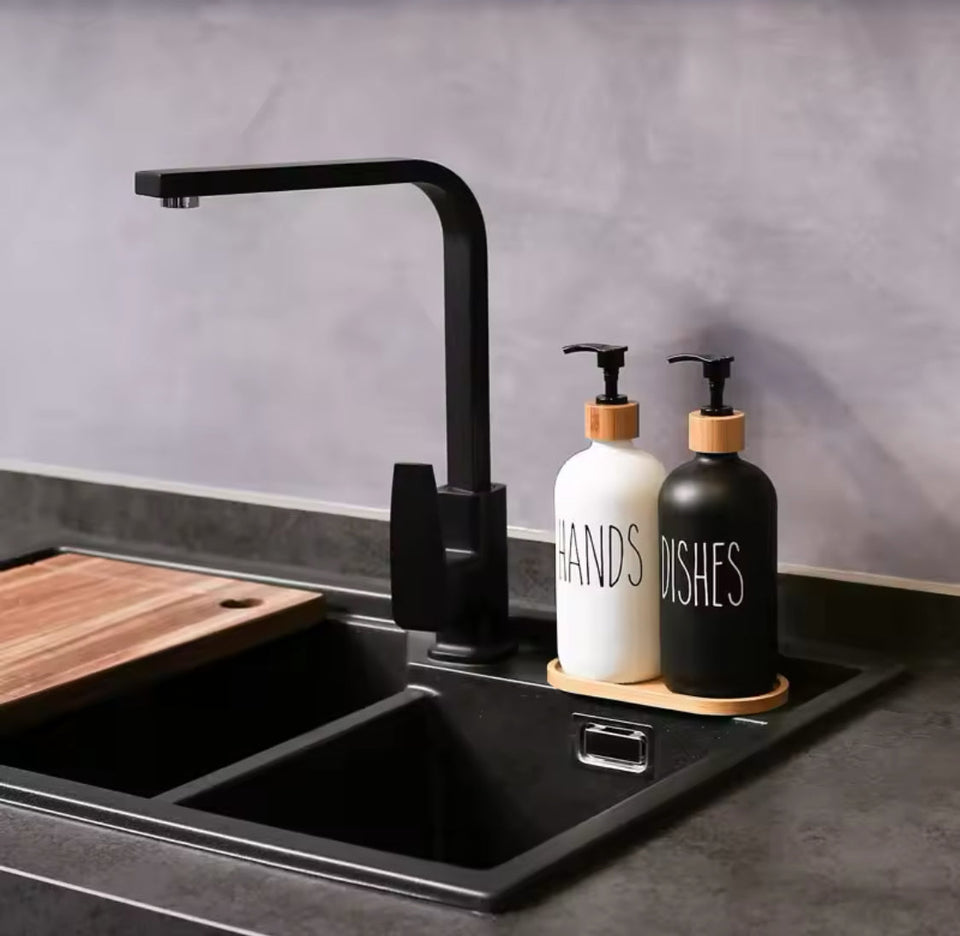 Bathroom Hand Soap Dispenser With Bamboo Tray, Kitchen Dish Soap Dispenser, Empty Facial Cleanser Refillable Bottle, Hand Sanitizer Press Subpack Bottle