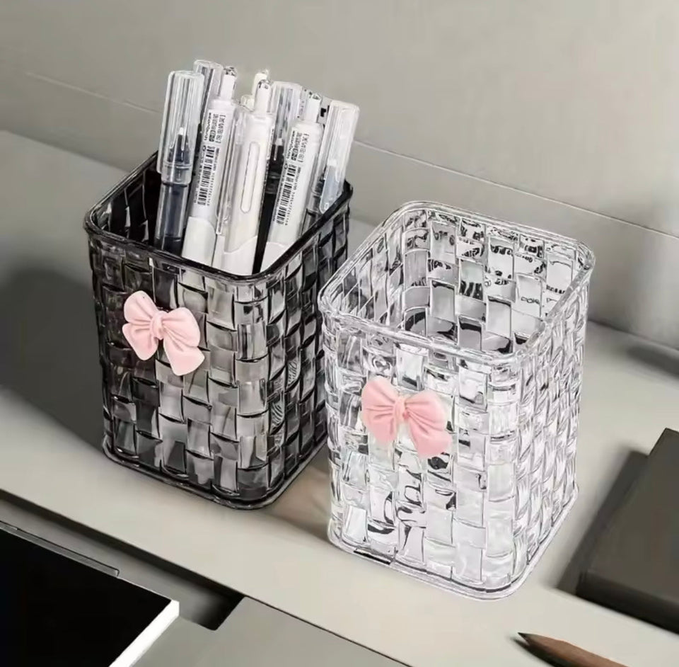 Acrylic Makeup Brush Storage Box, Rattan Weave Desk Cosmetic Organizer, Desktop Eyebrow Pencil Storage Bucket, Jewelry Cosmetic Organizer, Dressing Table Makeup Brush Organizer