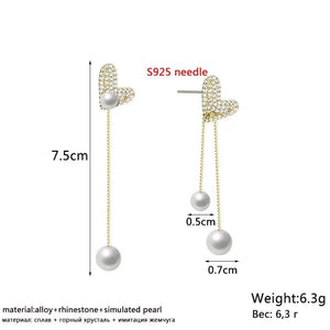 Flexible Heart Top Crystal Earrings, Hollow Heart Drop Earrings, Adjustable Pearl Tassel Ear Jewellery, Luxury Long Simulation Pearl Earrings For Women