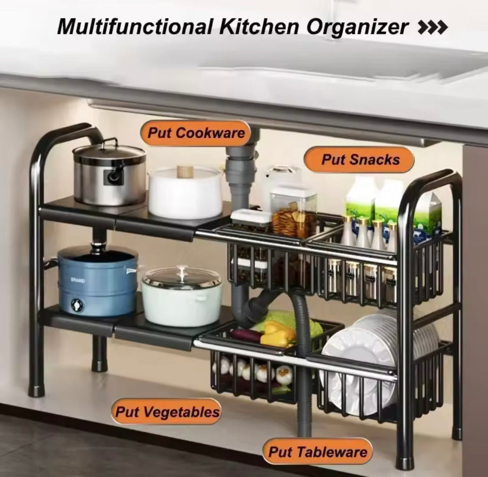 2 Tier Under Sink Organizer, Expandable Cabinet Shelf, Kitchen Under Sink Adjustable Dish Rack, Multifunctional Kitchen Organizer