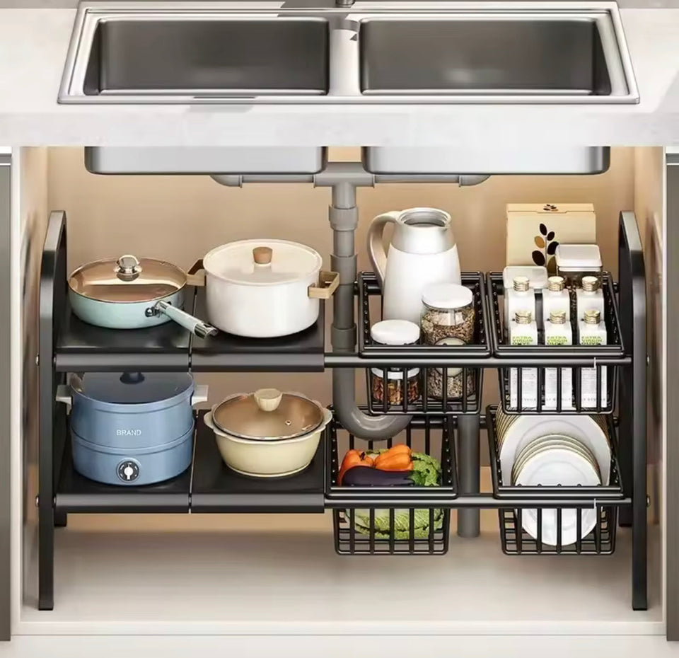 2 Tier Under Sink Organizer, Expandable Cabinet Shelf, Kitchen Under Sink Adjustable Dish Rack, Multifunctional Kitchen Organizer
