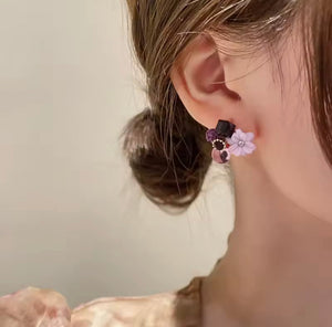 Crystal Purple Flower Beads Stud Earrings, Small Simple Earrings, Purple Floral Design Studs Earrings, Jewellery Accessories