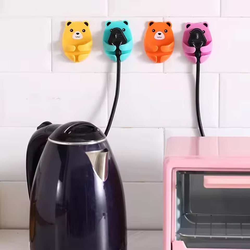 Set Of 4 Bear Plug Bracket Punch Free Hooks, Punch Free Power Plug Socket Holder, Wall Mounted Power Strip Holder