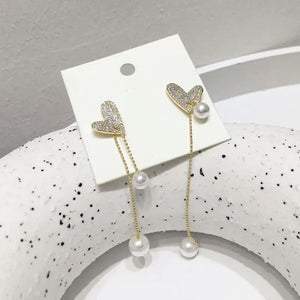 Flexible Heart Top Crystal Earrings, Hollow Heart Drop Earrings, Adjustable Pearl Tassel Ear Jewellery, Luxury Long Simulation Pearl Earrings For Women