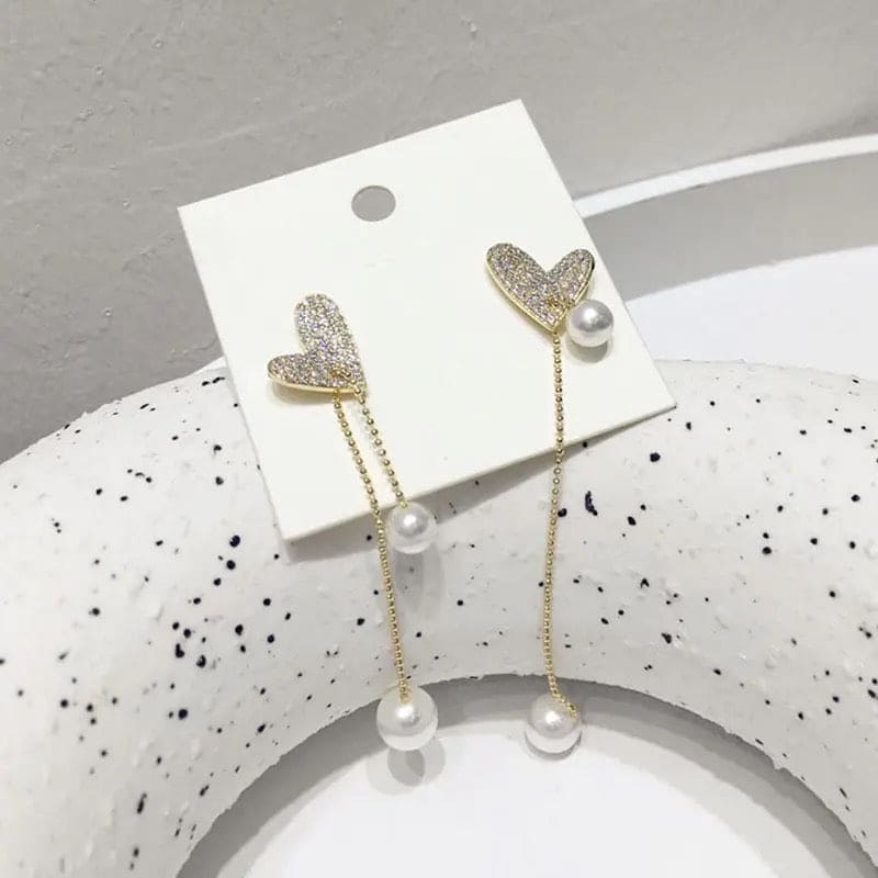 Flexible Heart Top Crystal Earrings, Hollow Heart Drop Earrings, Adjustable Pearl Tassel Ear Jewellery, Luxury Long Simulation Pearl Earrings For Women