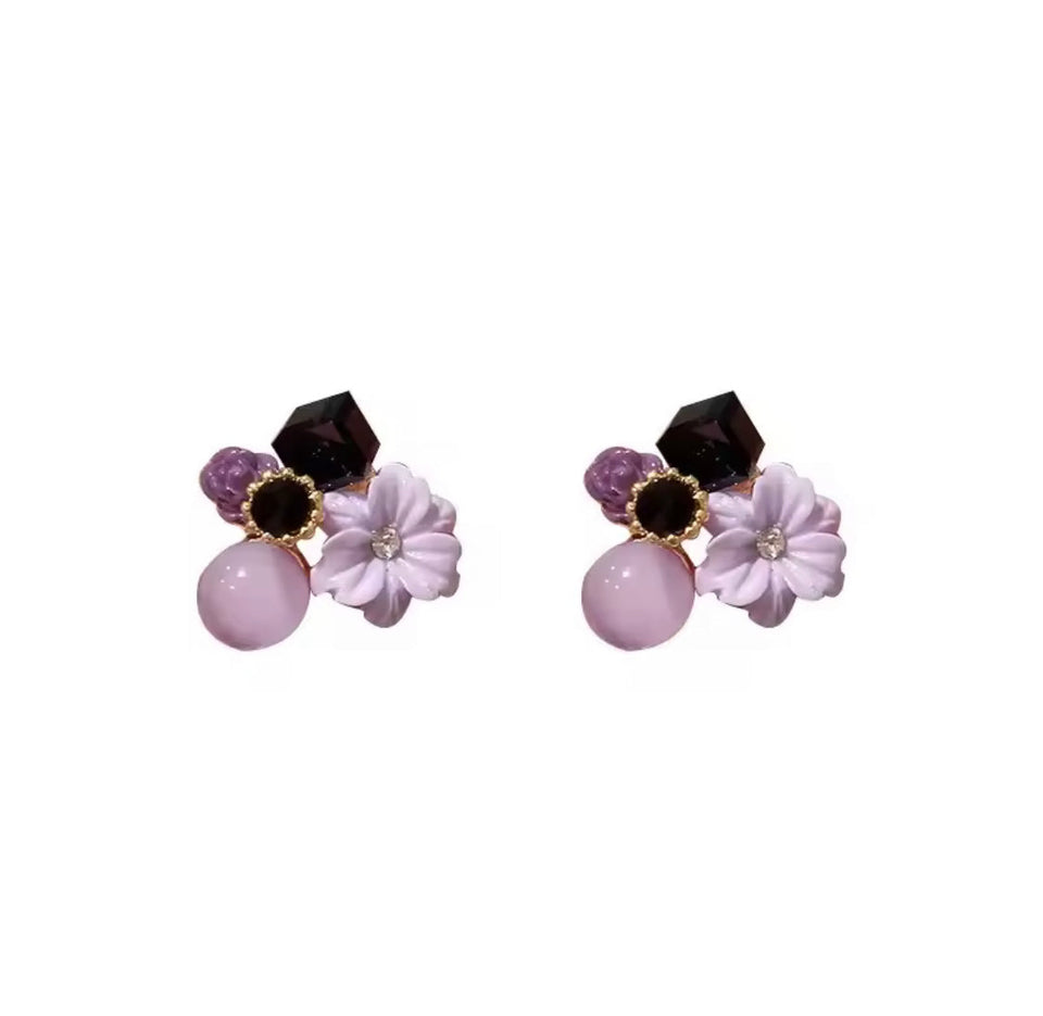 Crystal Purple Flower Beads Stud Earrings, Small Simple Earrings, Purple Floral Design Studs Earrings, Jewellery Accessories
