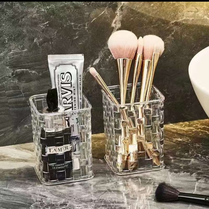 Acrylic Makeup Brush Storage Box, Rattan Weave Desk Cosmetic Organizer, Desktop Eyebrow Pencil Storage Bucket, Jewelry Cosmetic Organizer, Dressing Table Makeup Brush Organizer