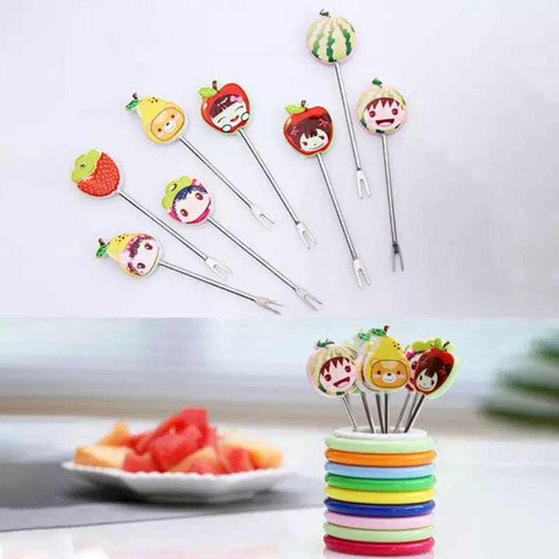 Set Of 8 Creative Cute Cartoon Stainless Steel Fruit Forks, Rainbow Cup Cake Dessert Forks, Stainless Steel Fork Holder for Fruit Snack, Fashion Fruit Sign Salad Fork