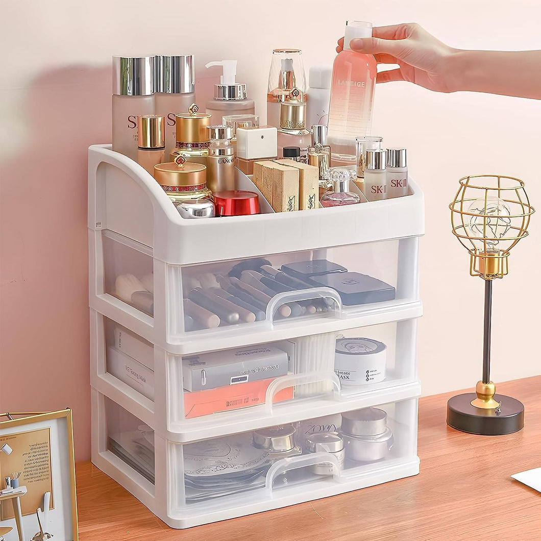 Transparent Beauty Counter, Desktop Sundries Storage Box, Dressing Table Storage Rack, Multifunction Desktop Drawer Jewelry Makeup Holder, Four Layer Three Drawer Plastic Box